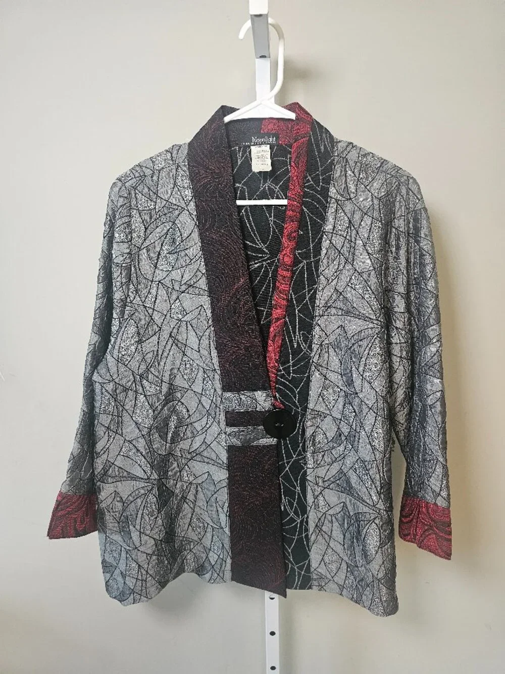 Vintage Moonlight Jacket Gray Maroon Lagenlook Artsy Metallic Jaquard L - Picture 6 of 6